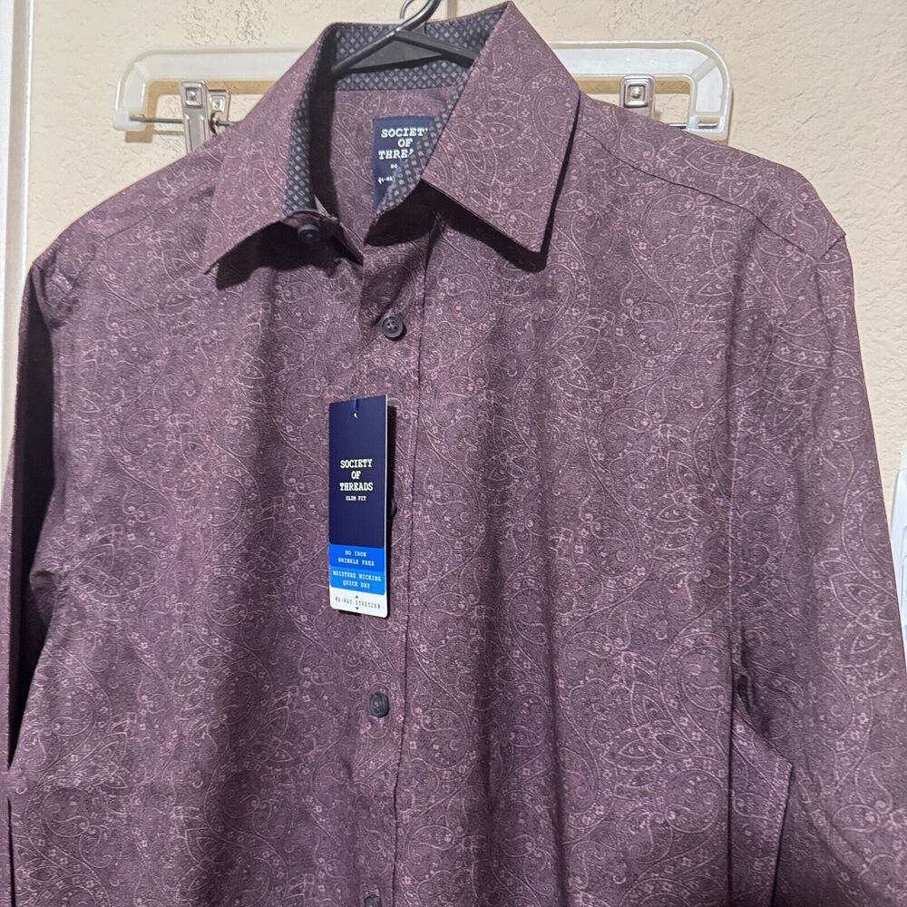 NWT Society of Threads Mens Shirt 4 way Stretch Slim Button Up Purple Paisley S